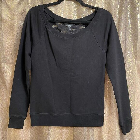 Moda International Black Long Sleeve Sheer Lace Back Sweater Top XS/S - Picture 1 of 4